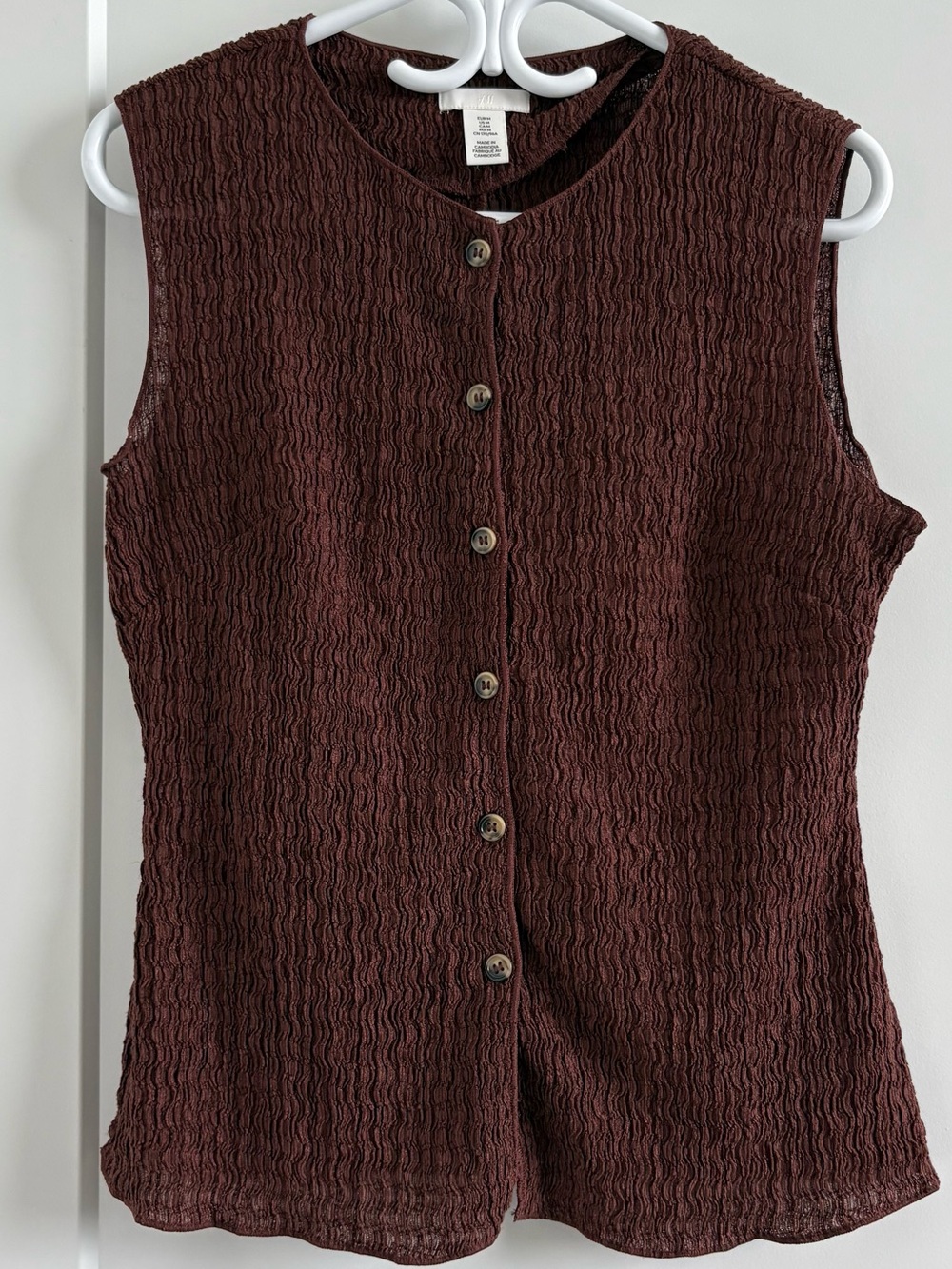 H&M Brown Sleeveless Textured Button-Front Top